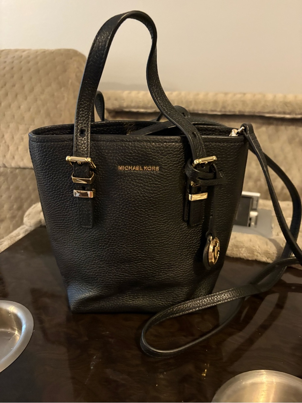 Michael Kors Black Pebbled Leather Mini Satchel with Gold Hardware